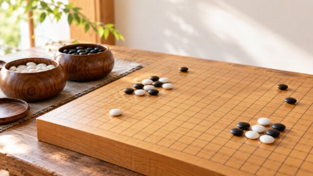 木製の碁盤に置かれた黒と白の碁石